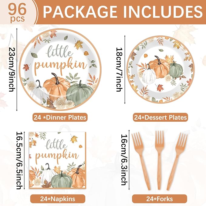 96Pcs Fall Little Pumpkin Baby Shower Party Decoration Set Autumn Lil Pumpkin Plates and Napkins Tableware Set Party Decorations for Baby Shower Fall Thanksgiving Birthday Parties Favors for 24 Guests