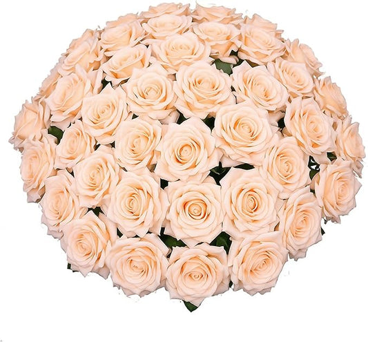 50 Pcs Fake Champagne Roses 4 Inches Silk Roses Artificial Roses Faux Roses with Stems Bouquet for Wedding Decorations centerpieces Flowers Bride Table Room Home Decor