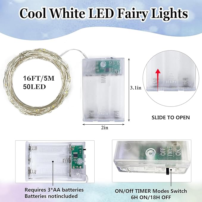 6-Pack Fairy Lights Battery Operated with Timer, 16FT 50 LED String Lights Indoor Outdoor, Cuttable Starry Fairy Lights Waterproof for Christmas Home Bedroom Wedding DIY Centerpiece Decor (Cool White)