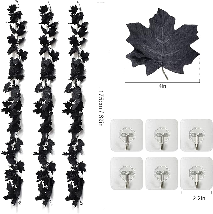 3 Pack Black Leaf Garland, Artificial Autumn Hanging Maple Leaves Vines Foliage Garland for Halloween Party Front Door Home Fireplace Decor (5.5Ft/Pack)