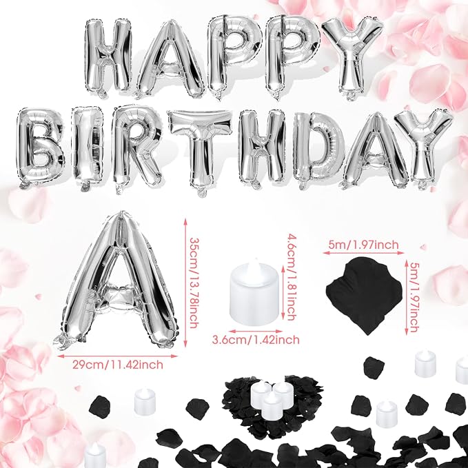 Black and Silver Happy Birthday Balloons Decorations Happy Birthday Letter Balloons Banner with 24pcs Flameless LED Candles and 2000pcs Artificial Rose Petals for Women Men Room Party Decor