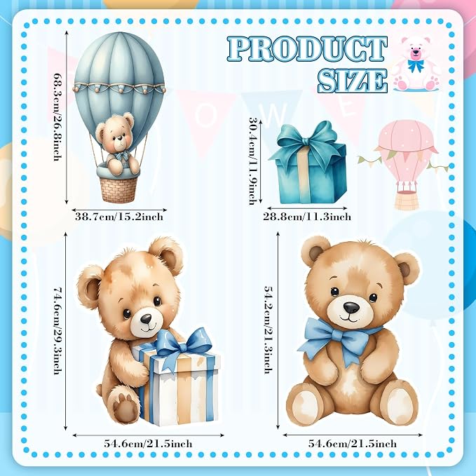 Honoson 4 Pcs Large 24" x 32" Teddy Bear Baby Shower Decorations Cardboard Cutouts, Bear Themed Party Yard Signs Blue for We Can Bearly Wait Birthday Gender Reveal Party Supplies Lawn Decor