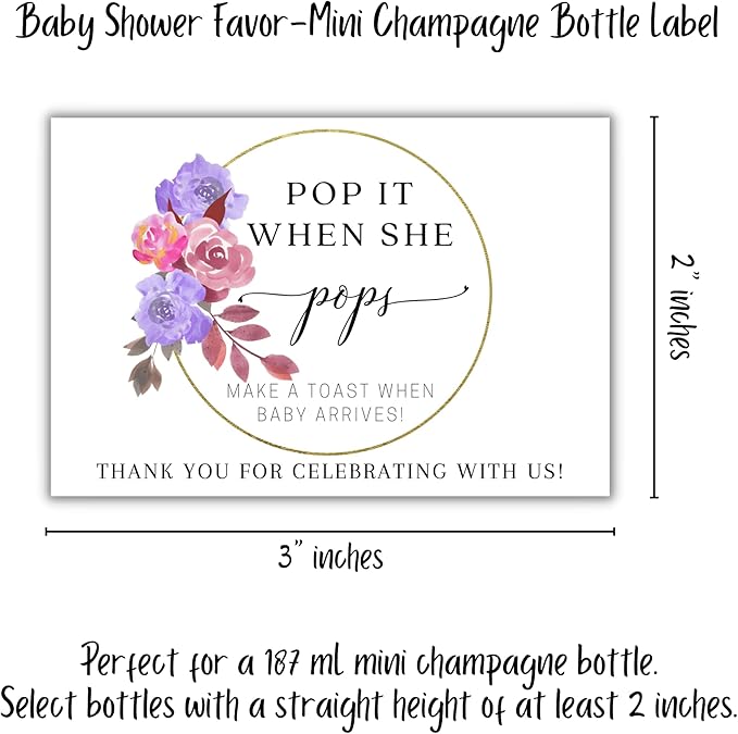 Pop It When She Pops Floral Purple Mini Champagne Bottle Label | 12 pk 2 x 3” Sticker Tags When She Arrives for Wine Bottles Baby Shower Gender Reveal