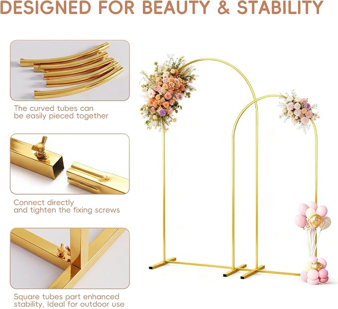 Toolterritary Metal Arch Backdrop Stand Set of 2, 8FT+ 7.2FT Balloon Arch Stand, Gold Wedding Arch Frame with Stable Base, Arch Backdrop for Party Birthday Baby Shower Graduation Decor