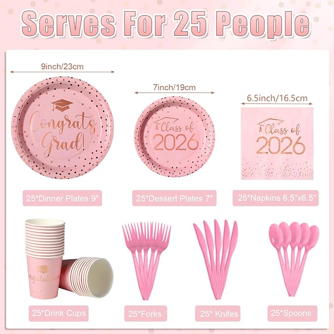 175pcs Class of 2026 Graduation Plates and Napkins Set, Disposable Paper Plate Set Polka Dots Plates Napkins Cups Knife Fork Spoon for Graduation Party Decorations and Supplies,Serve 25 (Pink）
