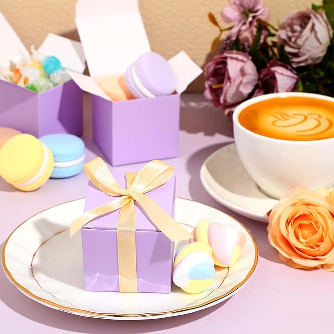 Jutom 100 Pcs Mini Favor Boxes Extra Small Candy Boxes Paper with Gold Ribbon for Baby Shower Birthday Wedding Anniversary Supplies(2 x 2 x 2 Inch,Lavender)
