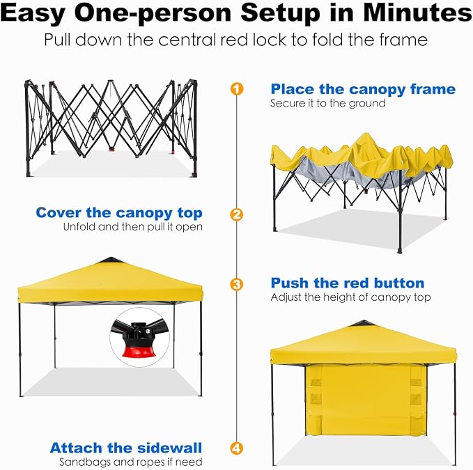 GAFETE 10×10 Pop Up Canopy Tent with 1 Pockets Sidewall, Easy up Sun Shade with One Push Setup, Portable Instant Outdoor Canopy Tent for Events Parties Camping with Carrying Bag (Yellow, 10x10 FT)