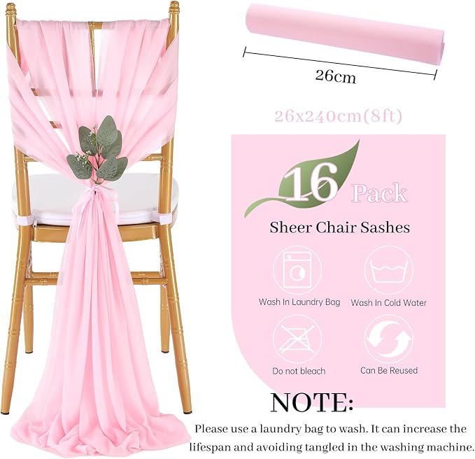 QueenDream Pink Chair Sashes Wedding: 16 Pieces Long Sheer Wedding Aisle Chair Decorations Tulle Chairs Covers with Artificial Eucalyptus