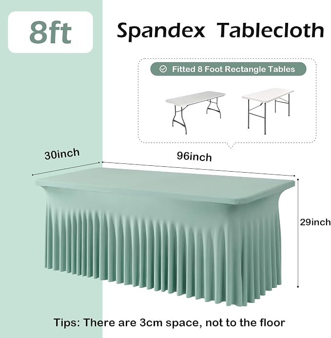 NSSONBEN 2 pk Sage Green Spandex Tablecloth for 8 Foot Rectangle Tables,Wrinkle Free Fitted Spandex Table Covers 8ft Stretch Table Cloths with Ruffle Skirt for Parties Weddings Banquet Baby Shower