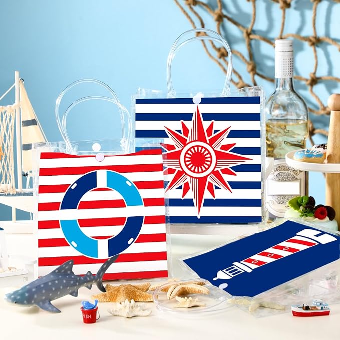 Teenyyou 24 Pcs Nautical Clear Gift Bags with Handles Cruise Party Favors PVC Goodie Treat Candy Tote Plastic Gift Bags for Sailing Theme Birthday Party Supplies