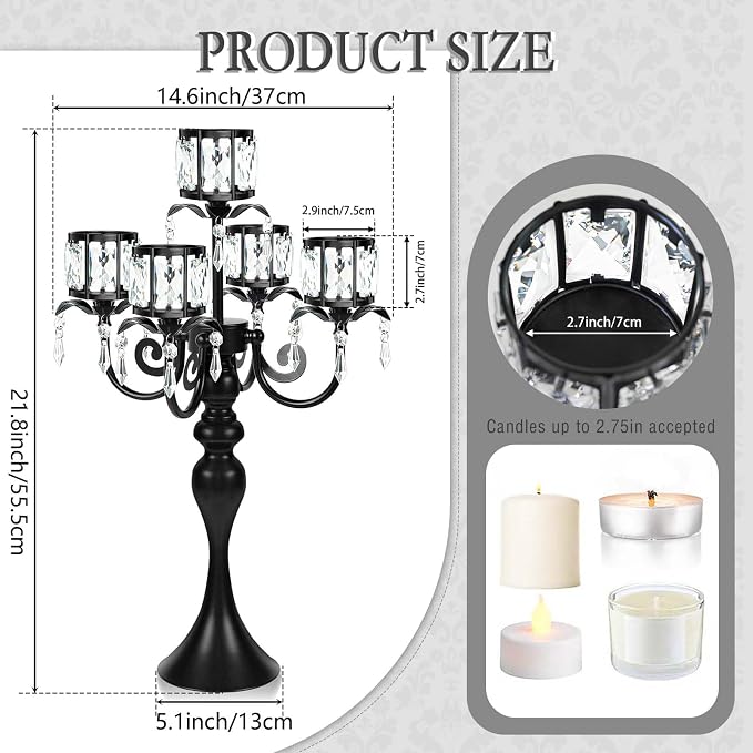 5 Arm Elegant Crystal Candle Holder,Candlestick for Wedding Table Centerpiece, 22 Inch Tall Candle Holder Table Candelabra Event Party Table Centerpiece,Home Decoration. (4, Black, Square Crystal)