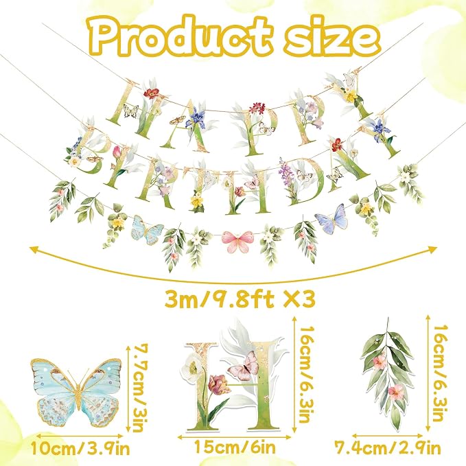 SUNBEAUTY Wildflowers Butterfly Birthday Decorations Garden Flower Happy Birthday Banner with Floral Hanging Swirls Wildflower Party Decorations for Women Girls Baby Shower Wedding Tea Party