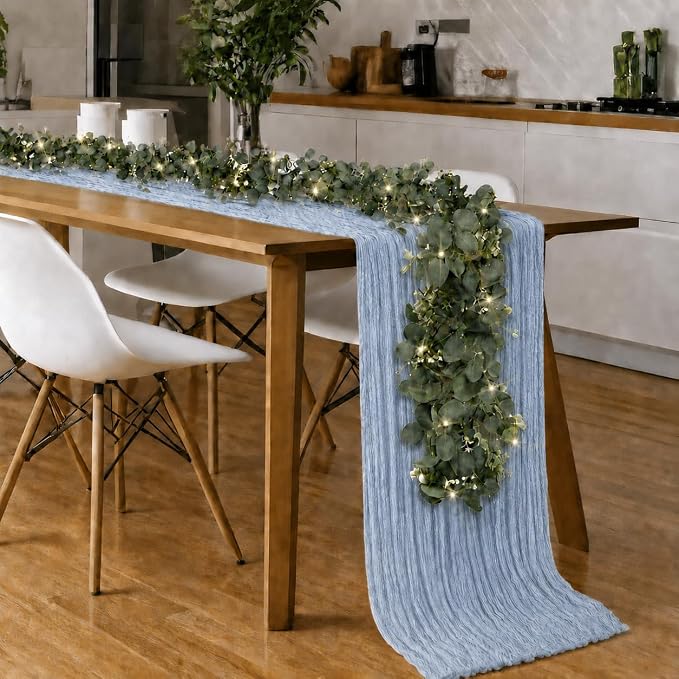 Cinrobiye 11pcs Cheesecloth Table Runner Set 120 Inch – Gauze Table Runner with Napkins, Eucalyptus Garland & String Lights for Wedding Baby Shower Table Decor, Rustic Boho