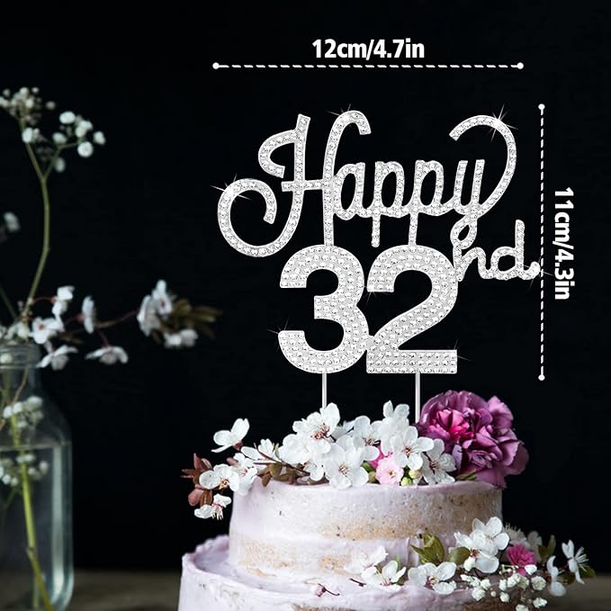 LINGTEER Happy 32nd Birthday Silver Rhinestone Cake Topper - Cheers to 32nd Birthday 32 Years Old Anniversary Party Cake Centerpieces Topper Decorations Gift Sign.