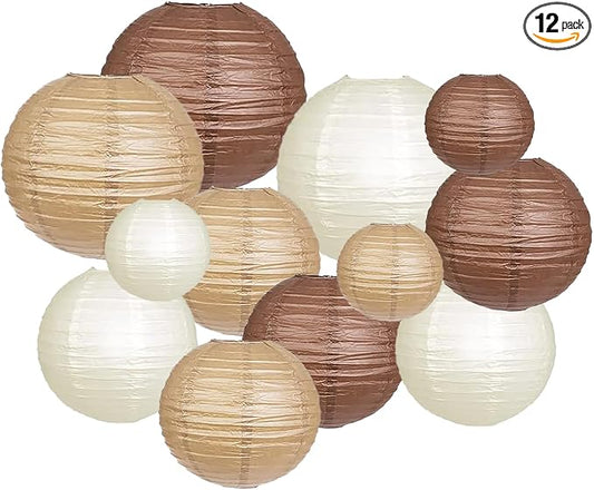 ZOOYOO Brown Paper Lanterns Decorative, Caramel Boho Party Hanging Paper Lanterns Decorations for Rustic Neutral Birthday Wedding Bridal Shower Western Graduation Home Decor Party Decoration 12PCS