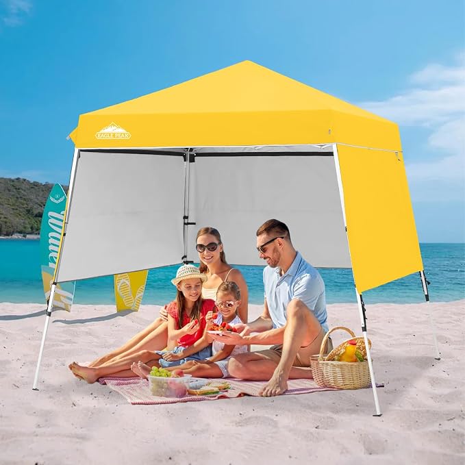 EAGLE PEAK Day Tripper 8x8 Aluminum Super-Lightweight Slant Leg Pop Up Canopy with 3 Removable Walls, Instant Outdoor Backpack Canopy Tent, Outside Beach Folding Sun Shelter, 8x8 Base 6x6 Top, Yellow