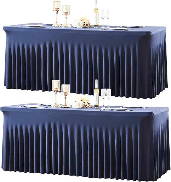 2 Pack 6ft Navy Blue Spandex Table Cloths for Rectangle Tables Wrinkle Free Rectangle Tablecloths, Stretch Fitted Table Cover with Skirt for Birthday Party Wedding Banquet Baby Shower Buffet Event
