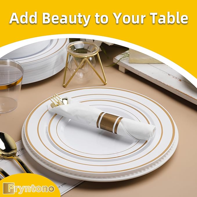 175 PCS White and Gold Plastic Dinnerware Set for 25 Guests, Disposable Party Plates for 25 Guests, Include: 50 Plastic Plates, 25 Pre Rolled Napkins with Gold Silverware, 25 Cups