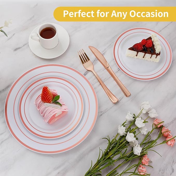 Goodluck 200PCS Rose Gold Plastic Plates, Heavy Duty Disposable Rose Gold Plates with 100 10.25 inch Dinner Plates and 100 7.5 inch Dessert Plates, Disposable Plates for Party, Wedding, Valentines