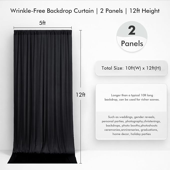 10ftx12ft Wrinkle Free Black Backdrop Curtain, 2 Panels 12FT Height Black Drapes for Wedding, Silky Polyester Photo Back Drop Cloth Draping for Birthday Party Photography Background