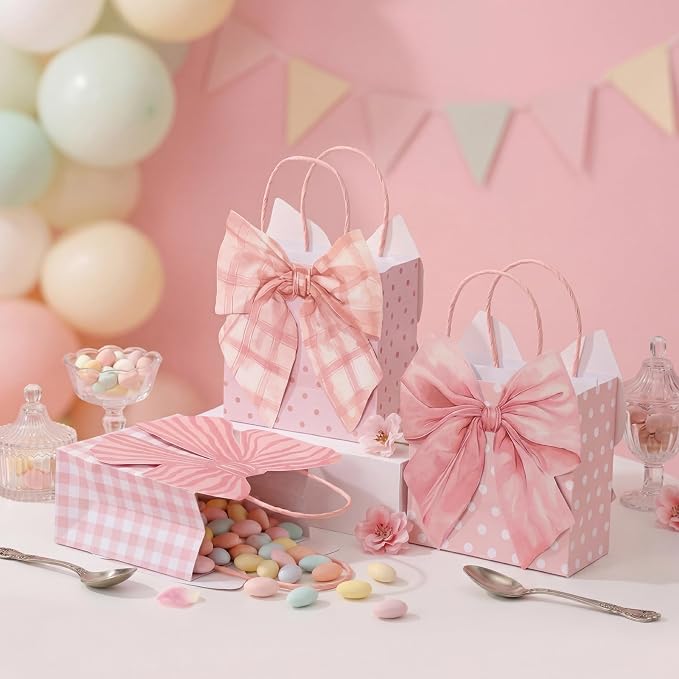 Tosstuki 12 Pcs Pink Bow Party Favor Bags 3D Coquette Bow Birthday Gift Goodie Bags with Handles Cute Girly Treat Paper Bag for Women Birthday Wedding Party Decorations Supplies