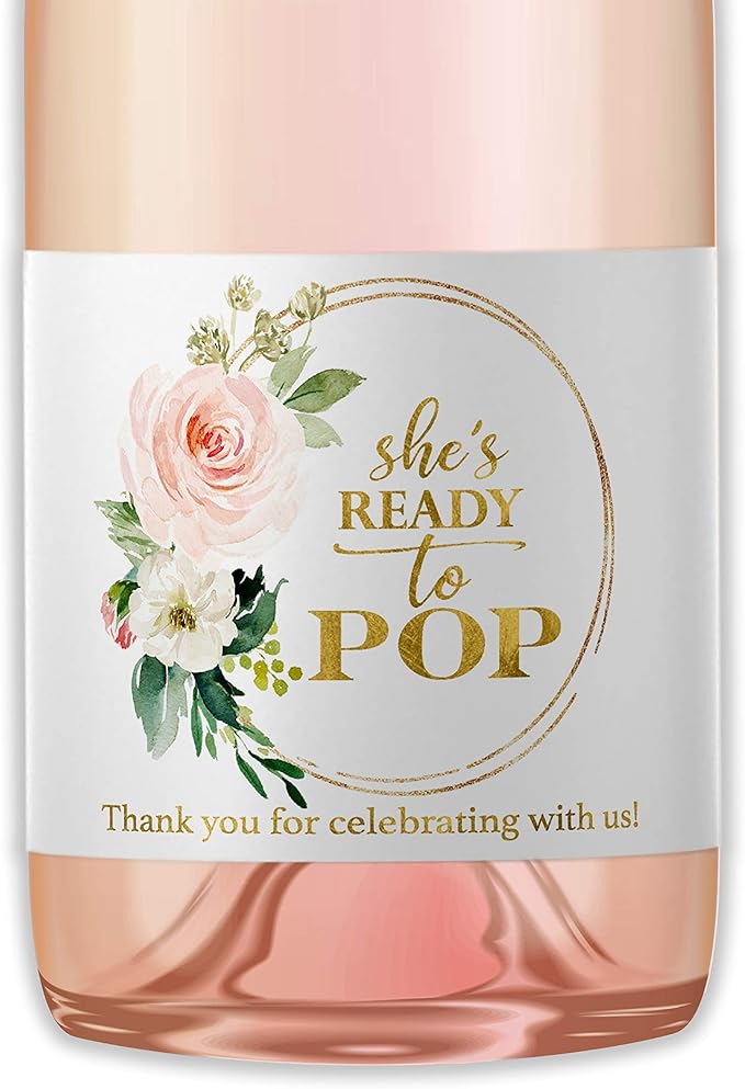 She’s Ready To POP ● SET of 18 ● Blush Rose Baby Shower Mini Champagne Labels, Thank You for Celebrating with us Faux Gold Mini Champagne Labels POP When You Get the News Favors WATERPROOF M625-POP-18