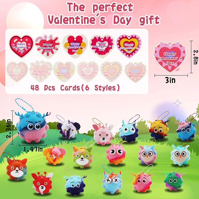48Pack Valentine Day Gifts for Kids,Valentines Cards with Pop Fidget Toys Bulk 3D Stress Ball, Easter Basket Stuffers,Valentines Classroom Party Favors Exchange Gifts,Treat Prizes Activity for Class