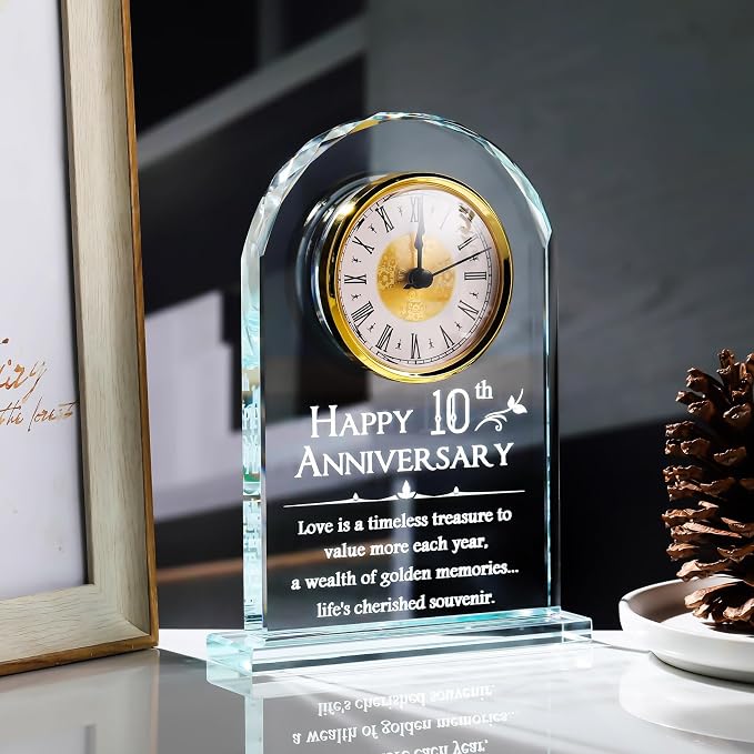 YWHL 10 Year Wedding Anniversary Clock Gifts for Couples, Laser Engraved 10th Anniversary Glass Keepsake for Him Her, 10 Year Wedding Gifts for Wife Husband (Battery not Included
