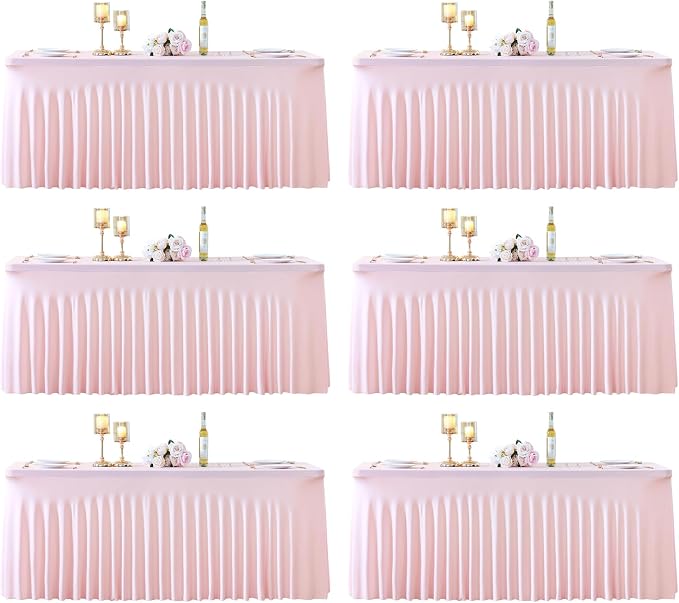 6 Pack 8ft Pink Spandex Table Cloths for Rectangle Tables Wrinkle Free Pink Rectangle Tablecloths Stretch Fitted Table Cover with Skirt for Baby Shower Girl Birthday Party Wedding Banquet Buffet
