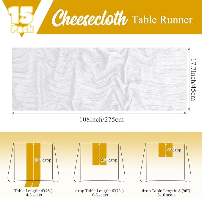 15 Pack White Table Runner 17 x 108inch Cheesecloth Table Runner Boho Gauze Table Runners Rustic Sheer Fabric Cheese Cloth Table Runners for Wedding Party Bridal Shower Farmhouse Thanksgiving Decor