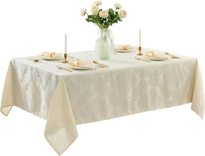 Newbridge Barcelona Luxury Damask Fabric Tablecloth, 70” Extra Wide x 168” Rectangle, Antique White, 100% Polyester, No Iron, Soil Resistant Dining Room, Party and Banquet Table Cover