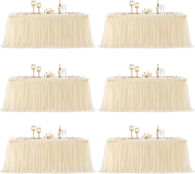 Champagne Tablecloth for 8 Foot Rectangle Tables, Ruffle Tulle Table Skirt for Rectangle Table 8ft Tables Cover Fitted Banquet Birthday Party Wedding Tablecloth Elastic Stretch
