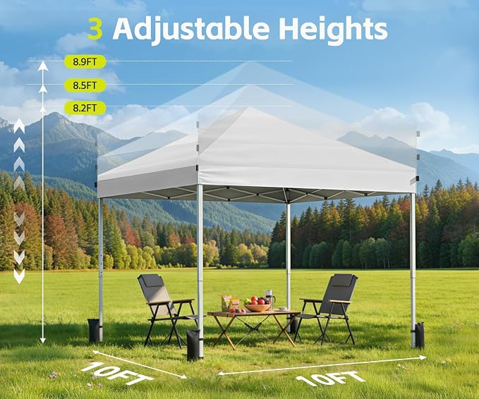 10x10 Pop Up Canopy Tent, Shade Canopy with Carry Bag, Center Lock One Push, 3 Adjustable Height, Outdoor Canopy Tents for Parties, Events & Camping - White