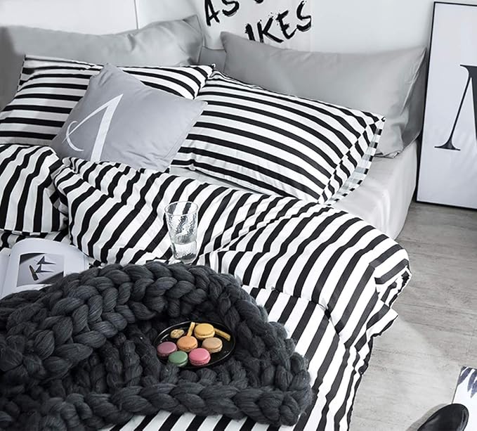 KAREVER White Black Stripes Comforter Set King Women Bedding Set Soft Durable White Striated Bedding Set