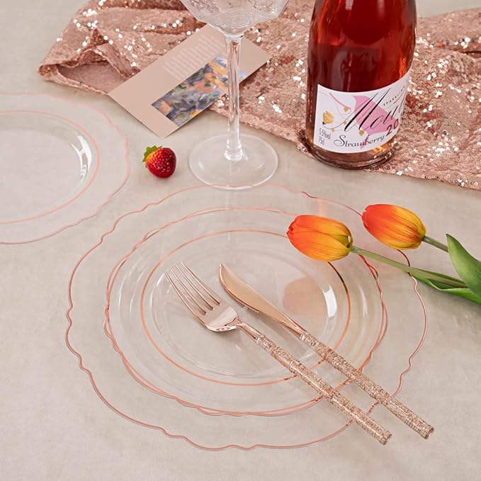 Liacere 150PCS Rose Gold Plastic Plates - Clear Rose Gold Disposable Plates with Glitter Bamboo Handle Cutlery - 60 Baroque Elegant Plates, 30 Forks, 30 Spoons, 30 Knives for Wedding ＆ Mothers Day