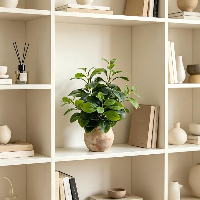 AlphaAcc 17" Artificial Fig Leaf Plant in Vintage Ceramic Pot - Faux Ficus Greenery for Kitchen, Living Room & Rustic Decor