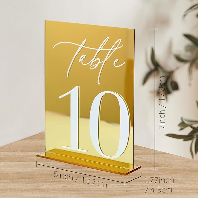 Acrylic Wedding Table Numbers 1-10 with Stands, 5"x7" Gold Mirror Acrylic Signs with 3D White Numbers, Gold Mirror Table Numbers for Wedding Reception, Anniversary, Event