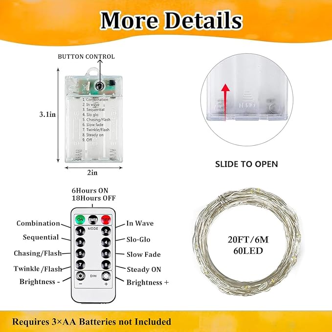 6 Pack Total 120FT 360LED Fairy Lights Battery Operated with Rmote, Waterproof Twinkle Lights with Timer Indoor Outdoor, Cuttable String Light for Bedroom, Classroom, Wedding, DIY, Christmas Decor