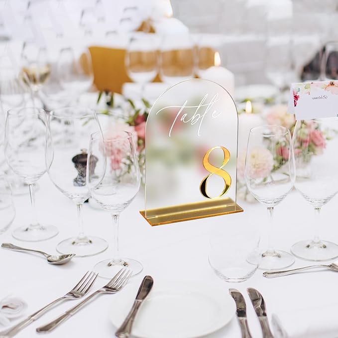 HOODO Frosted Arch Acrylic Wedding Table Numbers 1-15 with Stands, 5"x7" Arched Acrylic Signs with 3D Gold Numbers, Frosted 3D Table Numbers for Wedding Reception