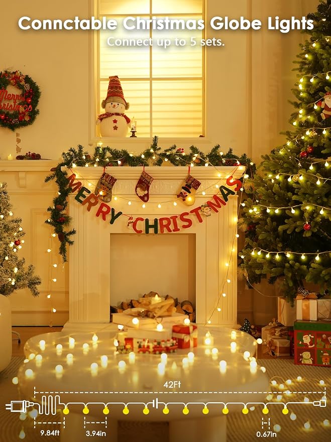 2026 New Connectable 43FT Smart Voice Controlled Globe String Lights Indoor Outdoor | 100LED Warm White Classroom Fairy Lights for Bedroom with Remote & Timer, 12 Modes Waterproof Classroom Decor