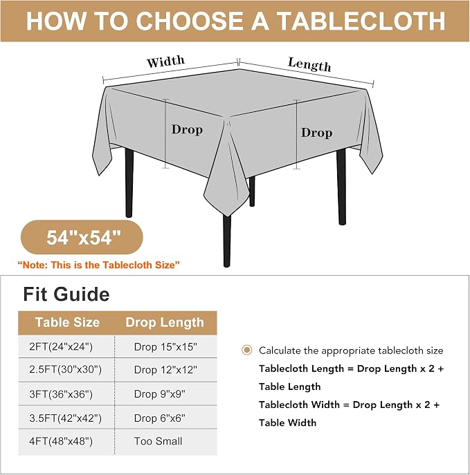 sancua Square Tablecloth - 54 x 54 Inch - Stain and Wrinkle Resistant Washable Polyester Table Cloth, Decorative Fabric Table Cover for Dining Tables, Buffet Parties and Camping, Grey