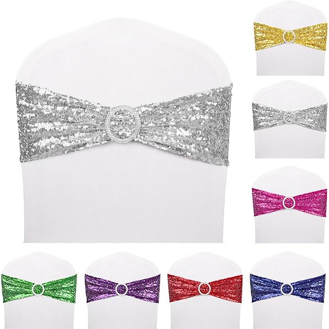 Dimatic 10 PCS Stretch Sequin Chair Sashes Chair Stretchy Spandex Bands for Wedding Reception Events Banquets Chairs Decoration (Silver)