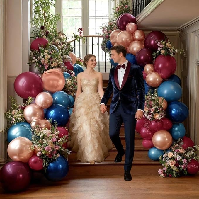Red Blue Balloon Garland, Double Stuffed Navy Blue Dark Burgundy Balloon Arch Kit Rose Gold Fringe Curtains for Birthday Graduation Mardi Gras Party Decoration