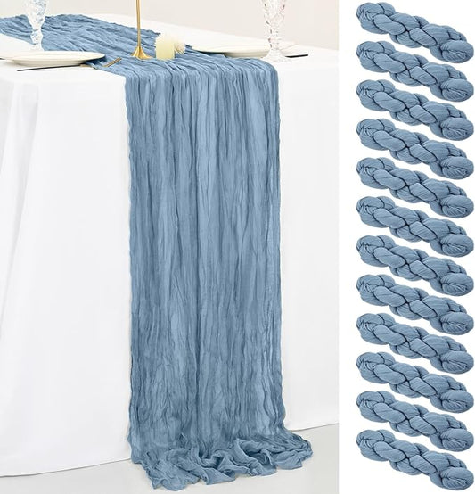 12 Pack 10Ft Dusty Blue Cheesecloth Table Runner 35 x 120 inch Boho Gauze Cheese Cloth Table Runner Vintage Rustic Sheer Runners for Wedding Bridal Shower Birthday Party Cake Table Decorations