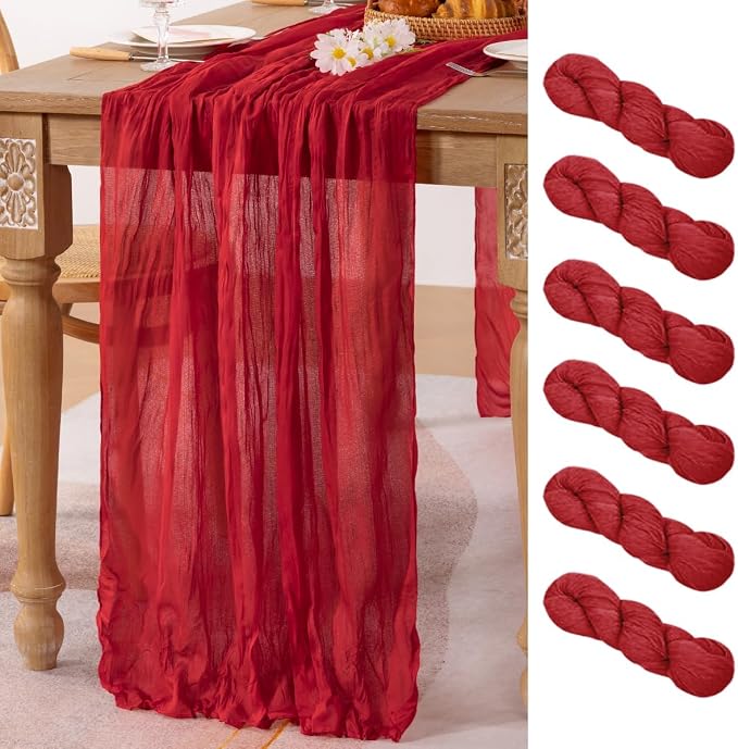 MLMC 6 Pack Red Table Runner Boho Rustic Gauze Cheesecloth Table Runner Sheer Cheese Cloth Centerpiece Decor 65x120 Inches for Wedding Reception Annniversary Decor