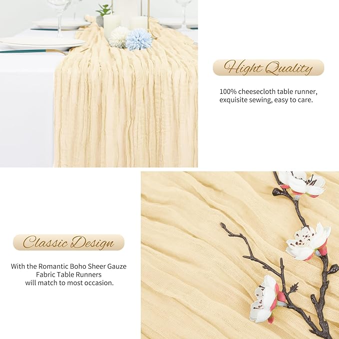 20 Pack Ivory Cheesecloth Table Runner 120 Inch 10FT Rustic Boho Gauze Cheese Cloth Table Runner for Wedding Party Baby Shower Thanksgiving Christmas Decoration