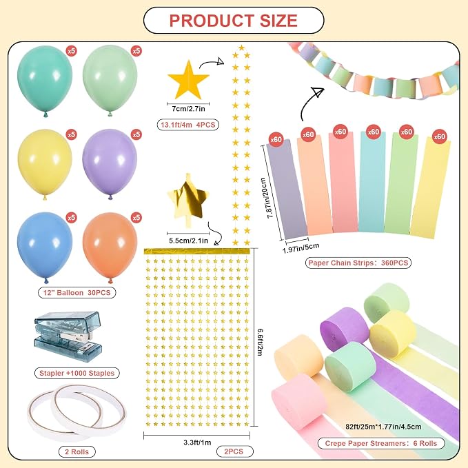 succulentlovers 360 Sheets Colorful Paper Chains Strips, 52 ft Gold Star Garland with 492 ft Crepe Streamer, Fancy Birthday Party Decorations Include Balloon Fringe Curtain for DIY Hanging Decor