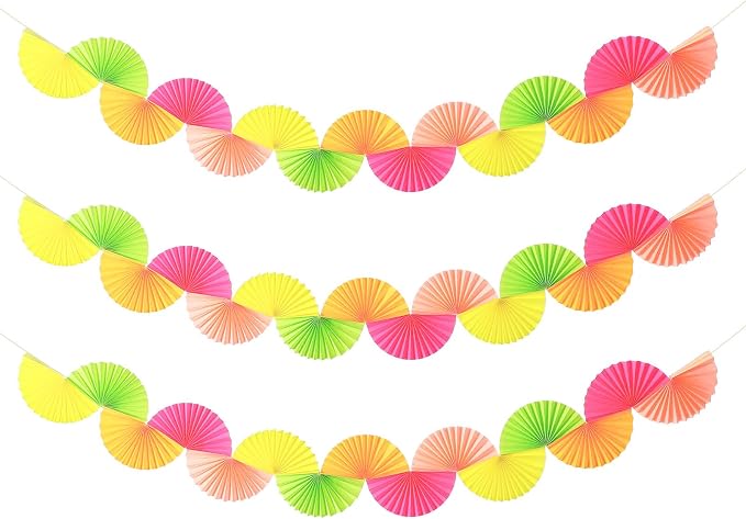 3 Pack Neon Paper Fans Garland 15.6ft Colorful Background Ceiling Hanging Decorations Paper Garland Decorations Set for Birthday Neon Party Supplies 3D Bachelorette Party Decoration(Bright)
