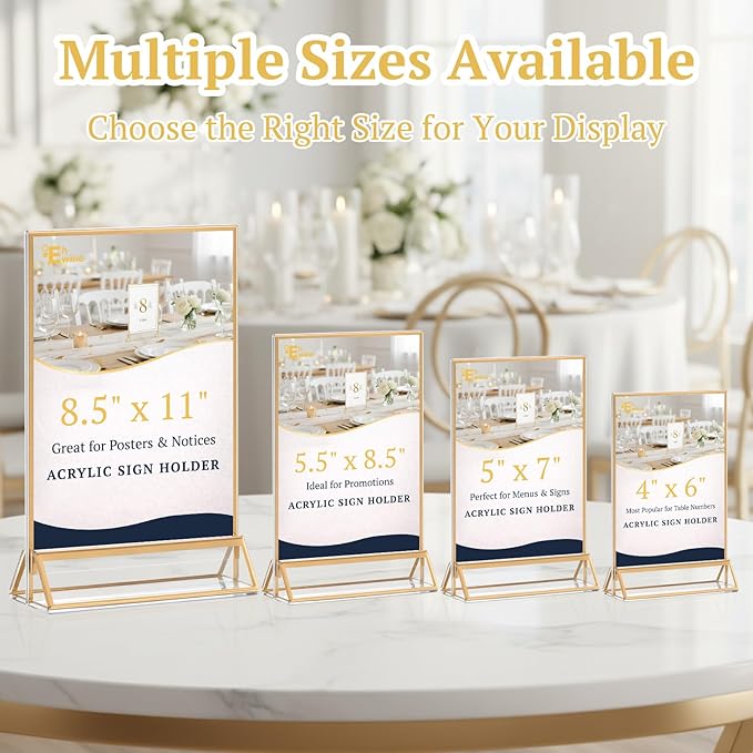 EHWINE 12 Pack Acrylic Sign Holder 5 x 7, Double Sided Gold Picture Frame Stand up Table Top Sign Holders, Clear Display Stand Menu Flyer Holder for Wedding Party (Provide Non-slip Mats)