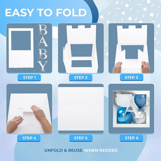 44-Piece Baby Shower Decorations for Boy or Girl - 4 Boxes with Letters and 32 Balloons - Stylish Silver and Blue - Gender Reveal Party Supplies - Photo Shoot Backdrop Prop